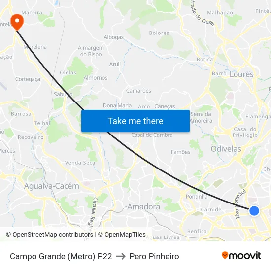 Campo Grande (Metro) P22 to Pero Pinheiro map