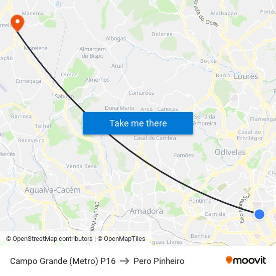 Campo Grande (Metro) P16 to Pero Pinheiro map