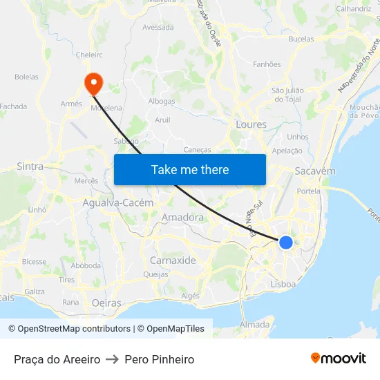 Praça do Areeiro to Pero Pinheiro map