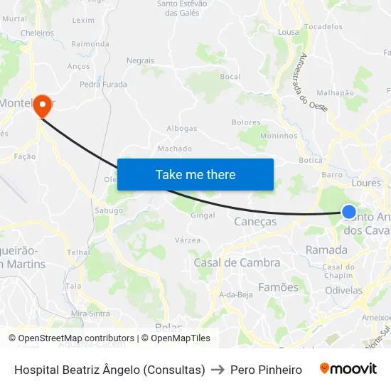 Hospital Beatriz Ângelo (Consultas) to Pero Pinheiro map