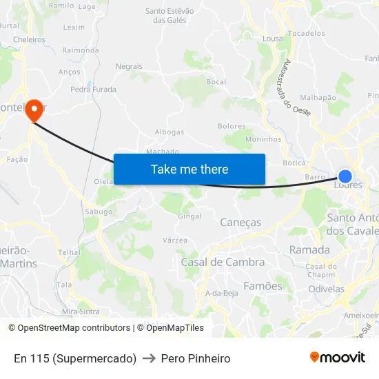En 115 (Supermercado) to Pero Pinheiro map