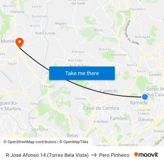 R José Afonso 14 (Torres Bela Vista) to Pero Pinheiro map
