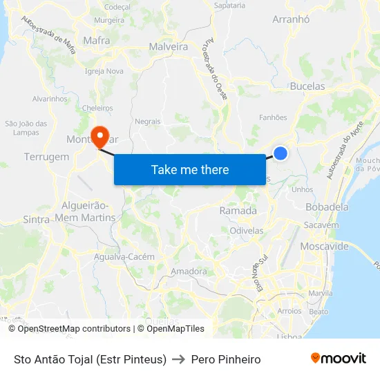 Sto Antão Tojal (Estr Pinteus) to Pero Pinheiro map