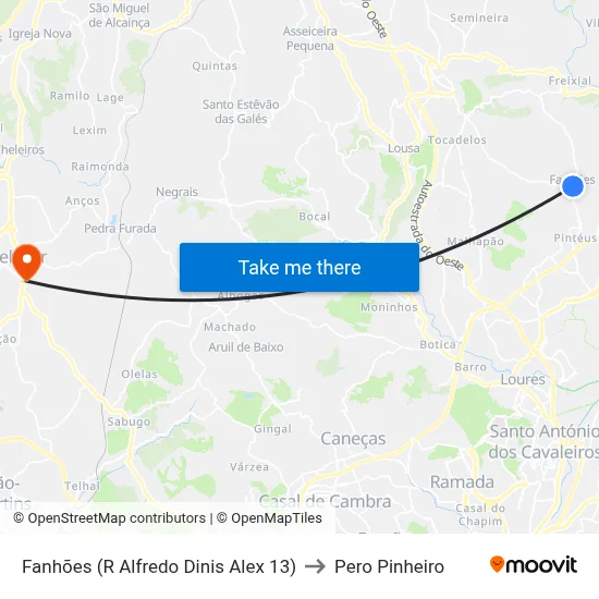 Fanhões (R Alfredo Dinis Alex 13) to Pero Pinheiro map