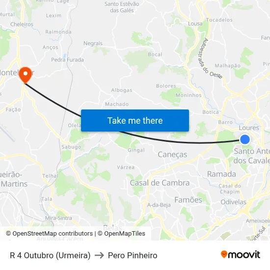 R 4 Outubro (Urmeira) to Pero Pinheiro map