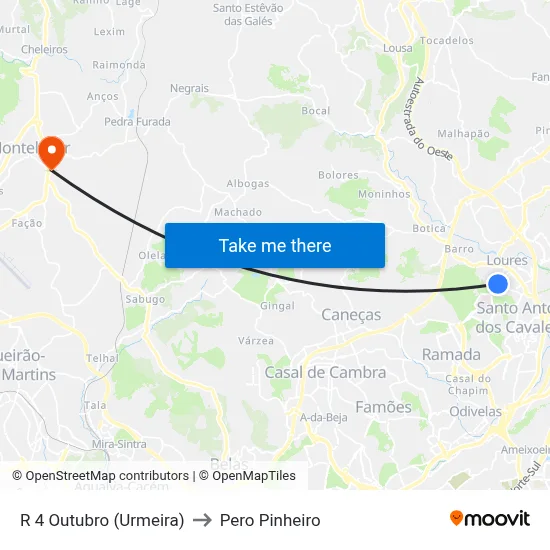 R 4 Outubro (Urmeira) to Pero Pinheiro map