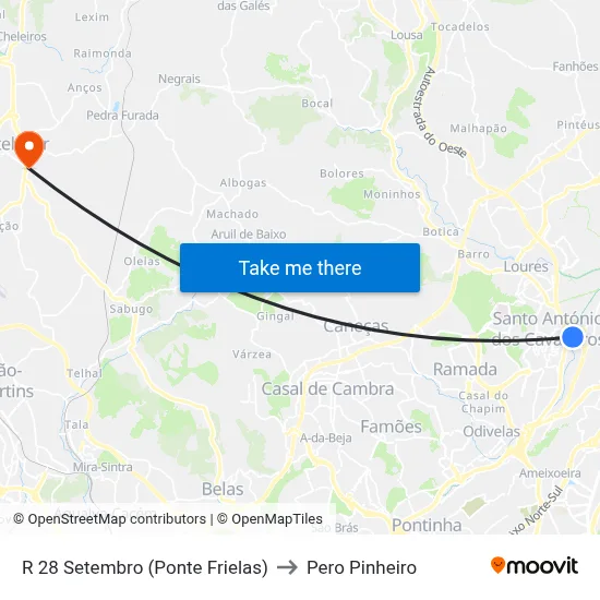 R 28 Setembro (Ponte Frielas) to Pero Pinheiro map