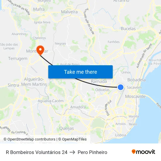 R Bombeiros Voluntários 24 to Pero Pinheiro map