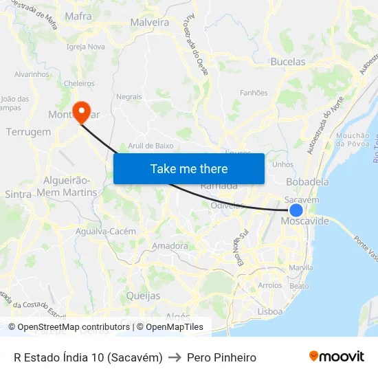 R Estado Índia 10 (Sacavém) to Pero Pinheiro map
