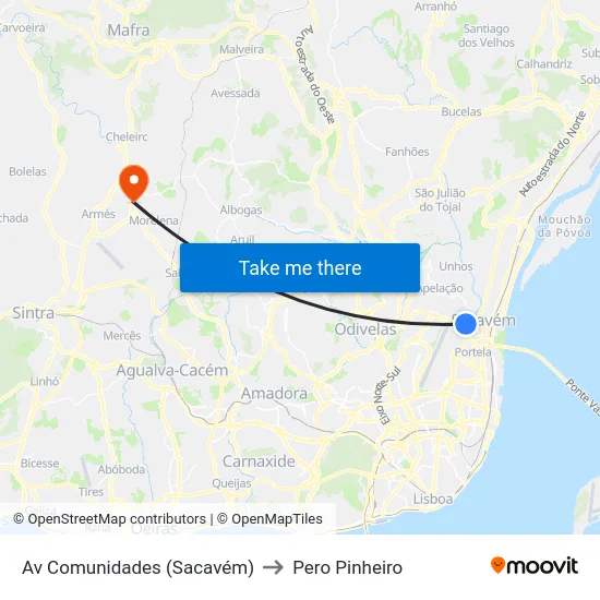 Av Comunidades (Sacavém) to Pero Pinheiro map
