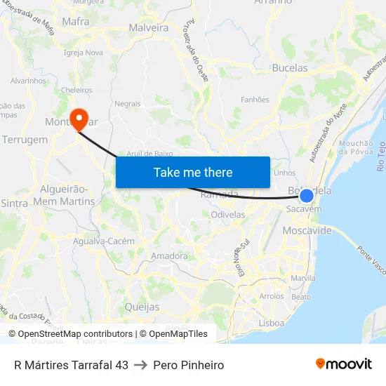 R Mártires Tarrafal 43 to Pero Pinheiro map