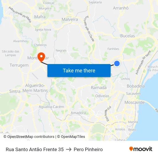 Rua Santo Antão Frente 35 to Pero Pinheiro map