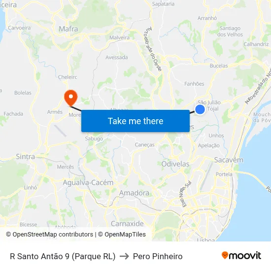 R Santo Antão 9 (Parque RL) to Pero Pinheiro map