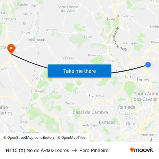 N115 (X) Nó de À-das-Lebres to Pero Pinheiro map