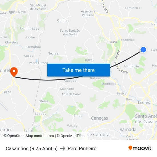 Casainhos (R 25 Abril 5) to Pero Pinheiro map