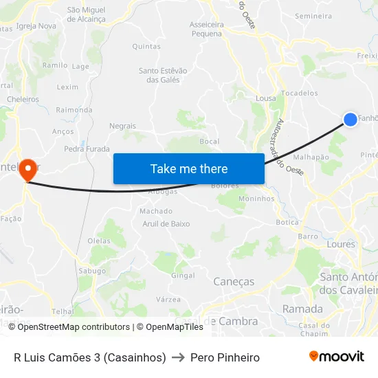R Luis Camões 3 (Casainhos) to Pero Pinheiro map