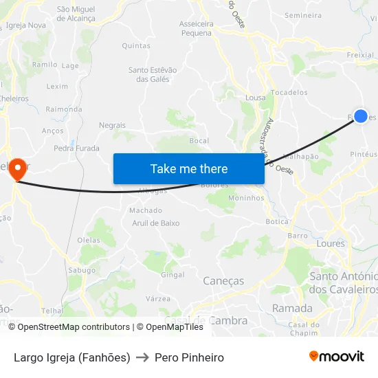 Largo Igreja (Fanhões) to Pero Pinheiro map