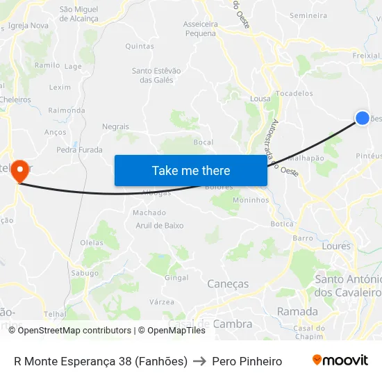 R Monte Esperança 38 (Fanhões) to Pero Pinheiro map