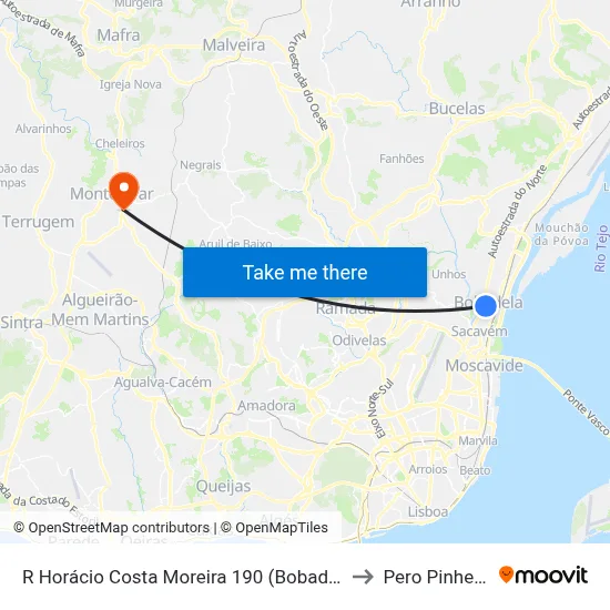 R Horácio Costa Moreira 190 (Bobadela) to Pero Pinheiro map