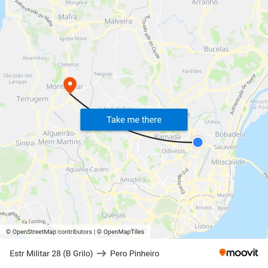 Estr Militar 28 (B Grilo) to Pero Pinheiro map