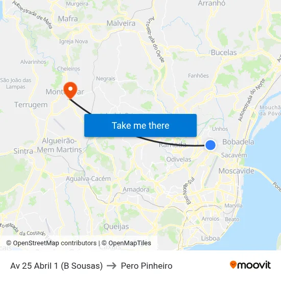 Av 25 Abril 1 (B Sousas) to Pero Pinheiro map