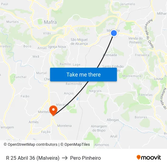 R 25 Abril 36 (Malveira) to Pero Pinheiro map