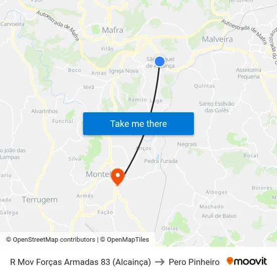 R Mov Forças Armadas 83 (Alcainça) to Pero Pinheiro map
