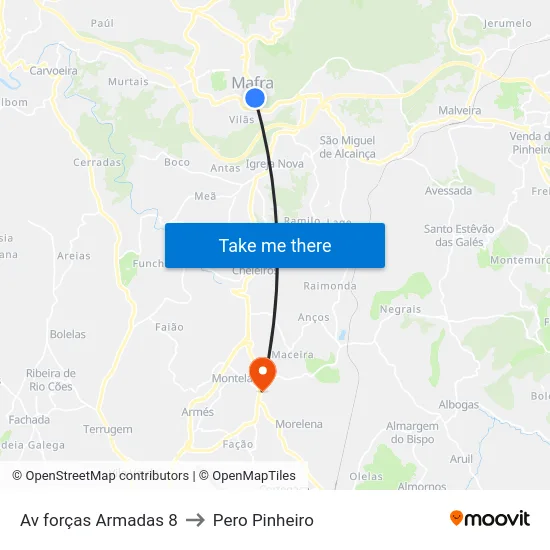 Av forças Armadas 8 to Pero Pinheiro map