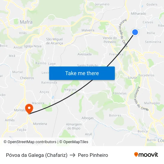 Póvoa da Galega (Chafariz) to Pero Pinheiro map