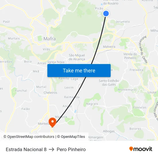 Estrada Nacional 8 to Pero Pinheiro map