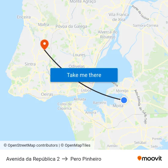 Avenida da República 2 to Pero Pinheiro map