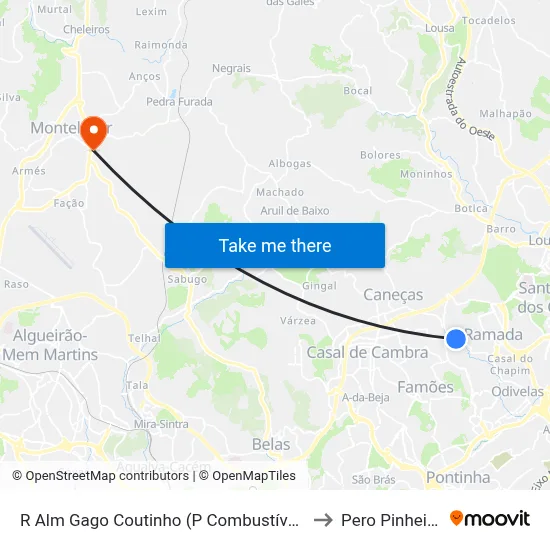 R Alm Gago Coutinho (P Combustível) to Pero Pinheiro map