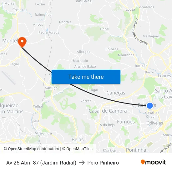 Av 25 Abril 87 (Jardim Radial) to Pero Pinheiro map