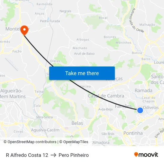 R Alfredo Costa 12 to Pero Pinheiro map