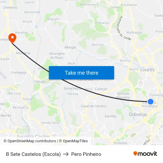 B Sete Castelos (Escola) to Pero Pinheiro map