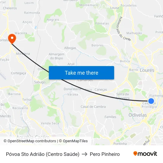 Póvoa Sto Adrião (Centro Saúde) to Pero Pinheiro map