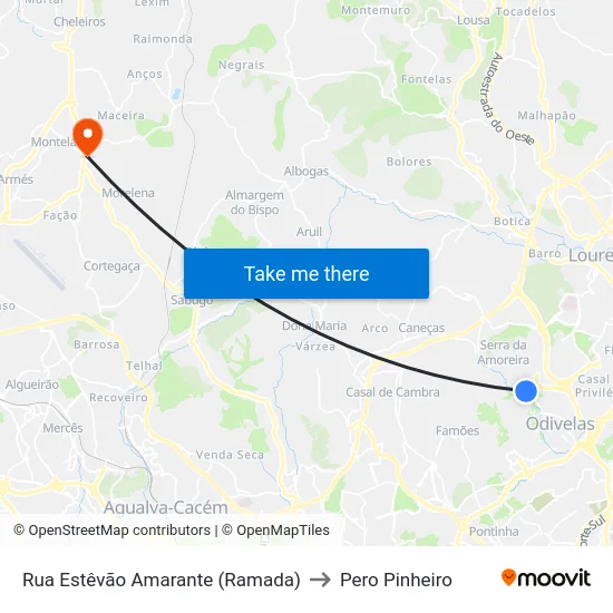 Rua Estêvão Amarante (Ramada) to Pero Pinheiro map