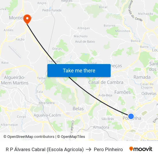 R P Álvares Cabral (Escola Agrícola) to Pero Pinheiro map