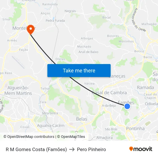 R M Gomes Costa (Famões) to Pero Pinheiro map