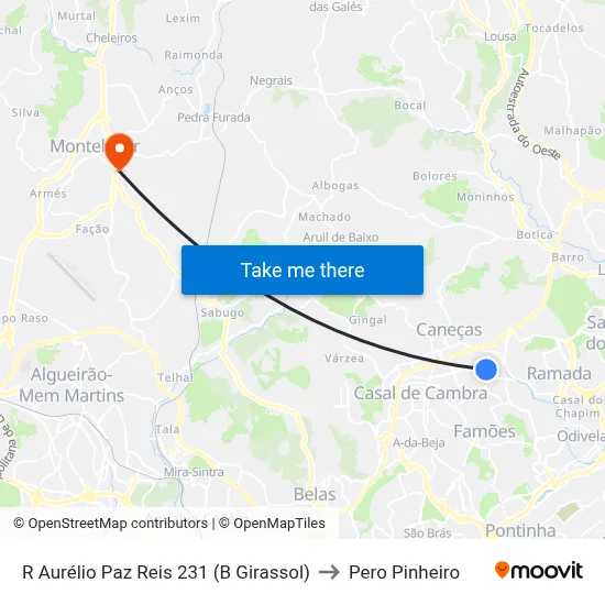 Rua Aurélio Paz dos Reis Frente 231 to Pero Pinheiro map