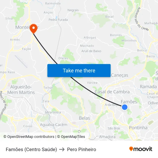 Famões (Centro Saúde) to Pero Pinheiro map