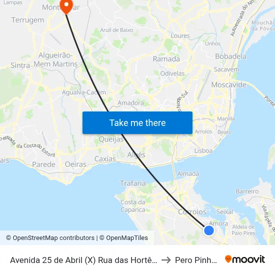 Avenida 25 de Abril (X) Rua das Hortênsias to Pero Pinheiro map