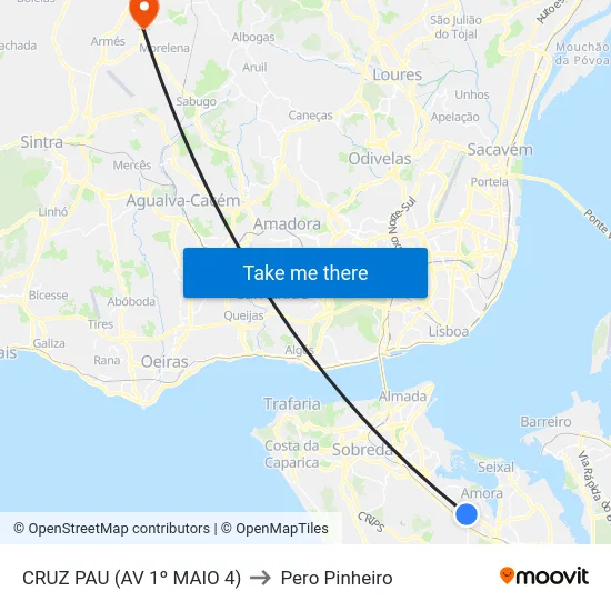 CRUZ PAU (AV 1º MAIO 4) to Pero Pinheiro map
