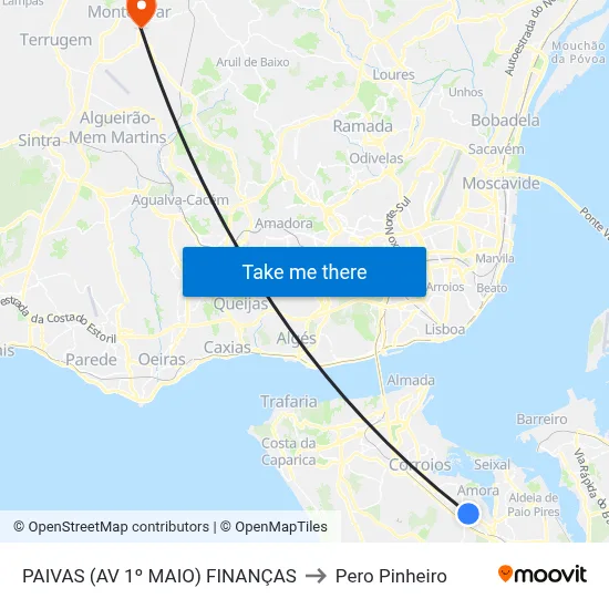PAIVAS (AV 1º MAIO) FINANÇAS to Pero Pinheiro map