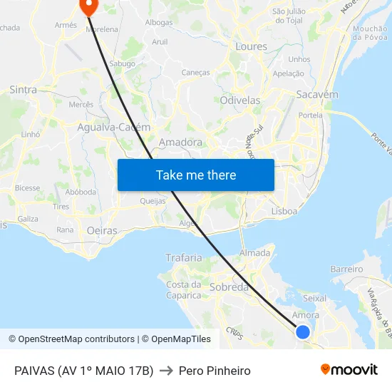 PAIVAS (AV 1º MAIO 17B) to Pero Pinheiro map