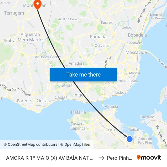 AMORA R 1º MAIO (X) AV BAÍA NAT SEIXAL to Pero Pinheiro map