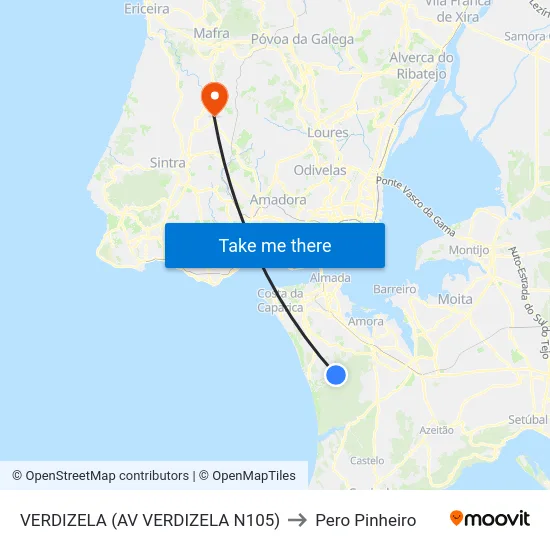VERDIZELA (AV VERDIZELA N105) to Pero Pinheiro map