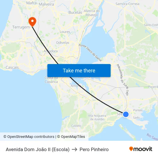 Avenida Dom João II (Escola) to Pero Pinheiro map