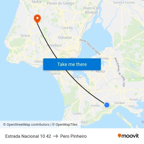 Estrada Nacional 10 42 to Pero Pinheiro map