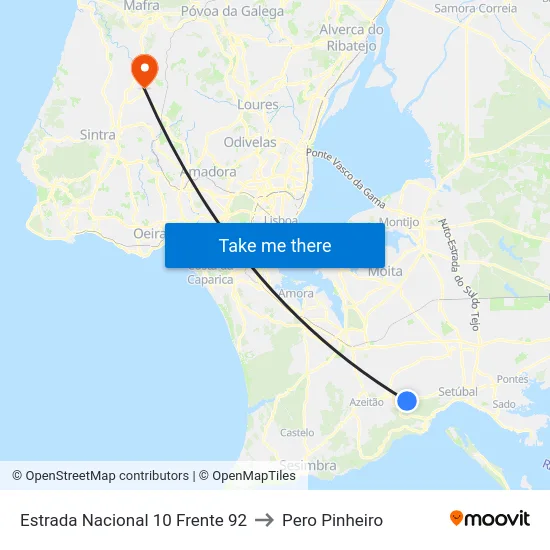 Estrada Nacional 10 Frente 92 to Pero Pinheiro map